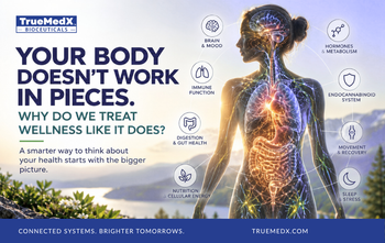 TrueMedX infographic of a human body showing interconnected biological systems — brain and mood, immune function, digestion and gut health, nutrition and cellular energy, hormones and metabolism, the Endocannabinoid System, movement and recovery, and slee