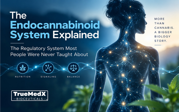 Endocannabinoid System explained with a conceptual human signaling network illustrating ECS biology, nutrition, and cellular communication.