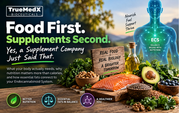 Whole nutrient-dense foods including vegetables, proteins, whole grains, and healthy fats arranged as the nutritional foundation — representing TrueMedX's Food First approach to foundational wellness