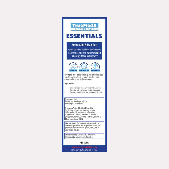 truemedx essentials amino acid powder label